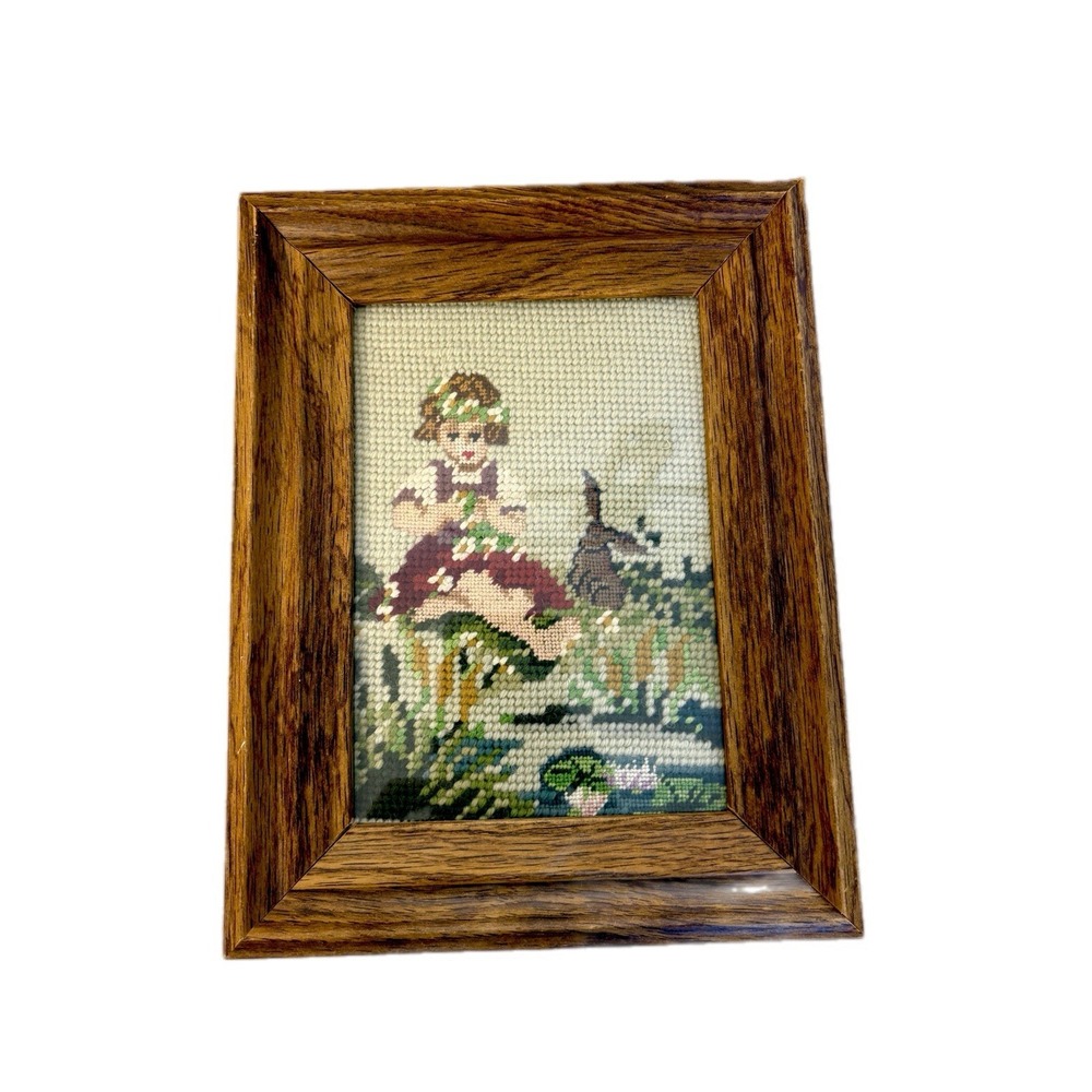 Vintage Framed Handmade Needlepoint Girl Sitting By Pond 1960's Cottagecore